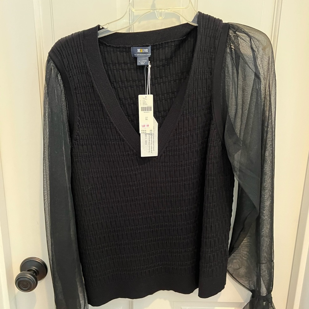 Anthropologie Tops | Maeve Anthropologie Sheer Sleeve Black Top - Picture 7 of 7